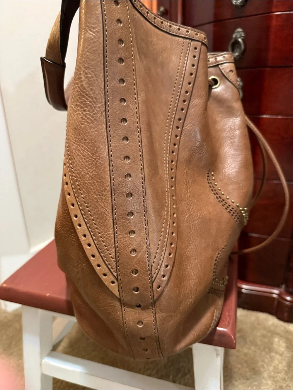 Cole Haan Brown Leather Drawstring Hobo Bag Studded Detailing